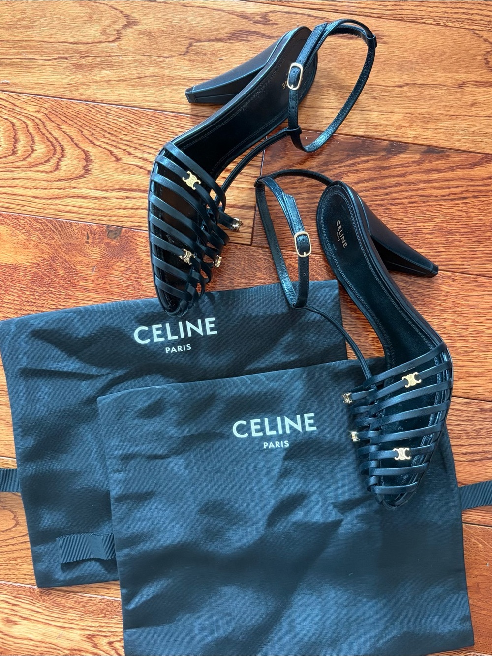 Celine Black Leather Cage Sandals with Gold Logo Accent - Picture 6 of 9